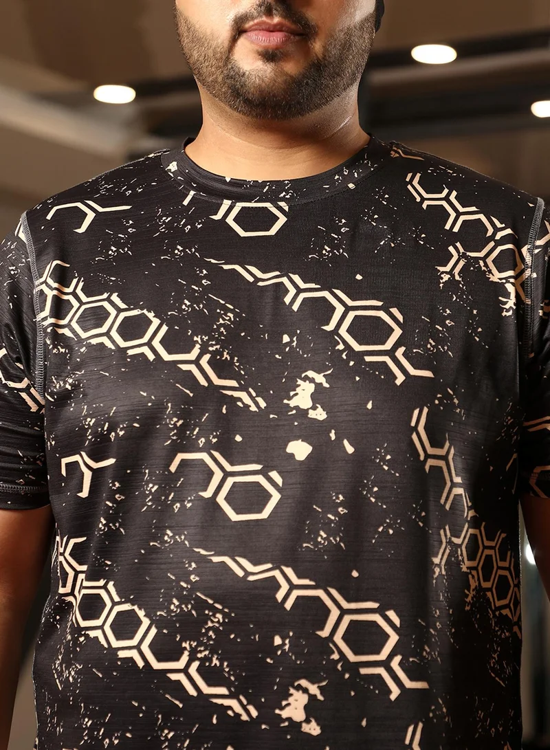 Instafab Plus  Men's Midnight Black Geometric Activewear T-Shirt For Casual Wear | Crew Neck | Short Sleeve | Anti-Odor | Dri-Fit | Jersey T-Shirt Crafted With Comfort Fit & High-Performance for Men | Best Price UAE